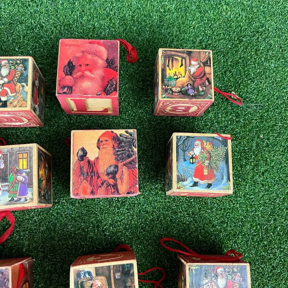 Set of 16 Vintage Wooden Alphabet and Santa Claus Christmas Block Ornaments